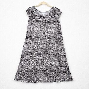 Sunday Womens Large Black Grey Abstract Geometric A-Line Cap Sleeve Knit Dress